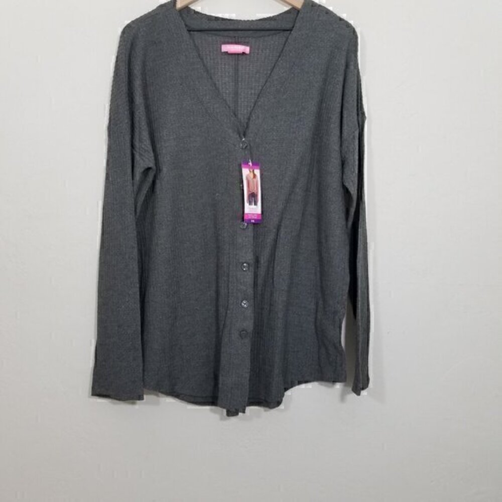 NWT Isaac Mizrahi Waffle Knit Button-Up Relaxed Heather Gray Sweater Top XXL